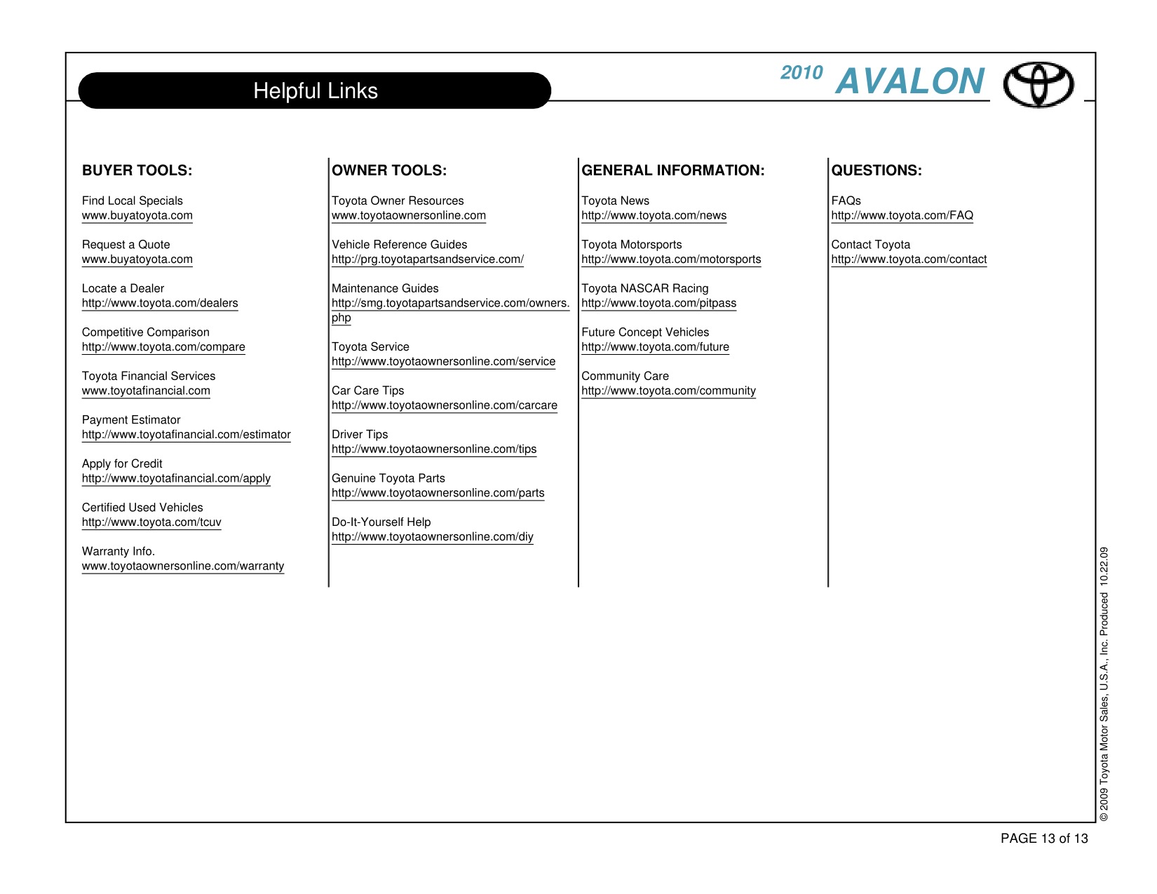 2010 Toyota Avalon Brochure Page 13